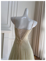 Green Lace Pleats Straps Prom Dress