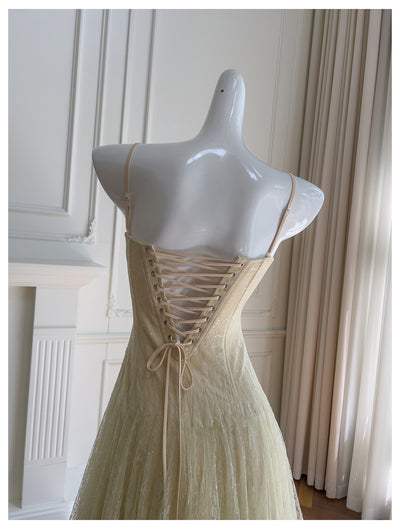 Green Lace Pleats Straps Prom Dress