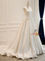 Simple White Satin Strapless Bow Wedding Dress