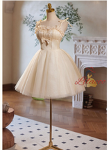 Champagne Tulle Straps Bow Homecoming Dress