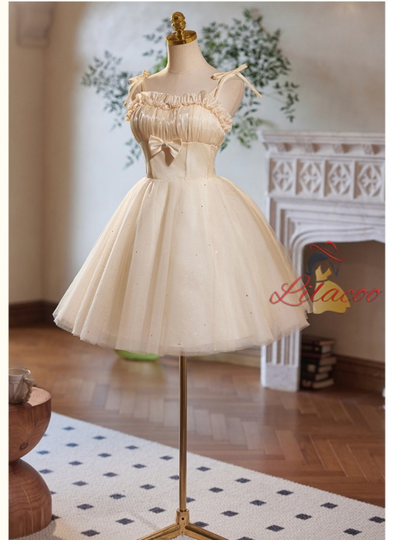 Champagne Tulle Straps Bow Homecoming Dress
