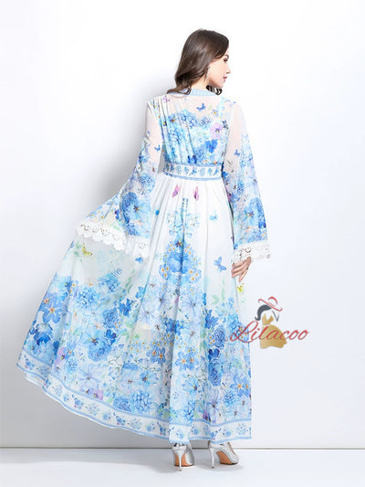 Deep V-neck Breasted Long Printed Dress