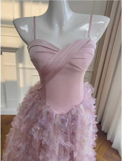 Pink Sequins Straps Sequins Flower Prom Dress