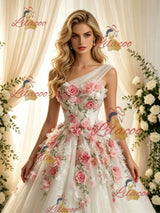 Beige White Tulle Lace One Shoulder Appliques Wedding Dress