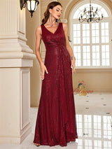 Burgundy Sequins V-neck Prom Dress