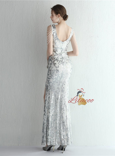 Sequins V-neck Beading Prom Dress