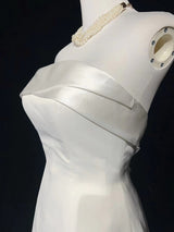 White Satin Strapless Pleats Wedding Dress