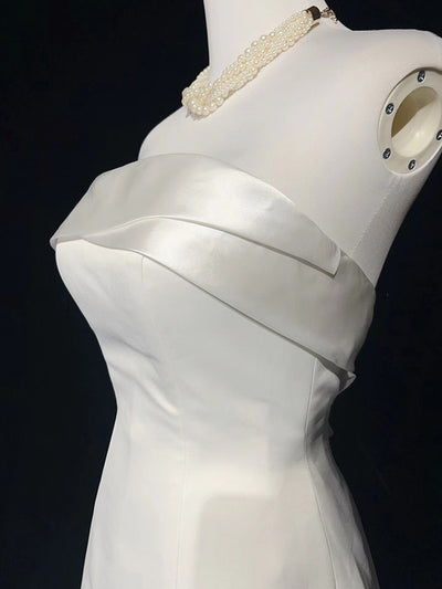 White Satin Strapless Pleats Wedding Dress