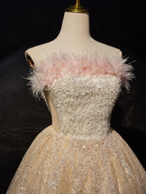 Champagne Tulle Sequins Strapless Homecoming Dress