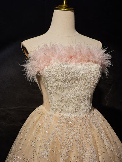 Champagne Tulle Sequins Strapless Homecoming Dress