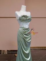 Green Mermaid Strapless Pleats Prom Dress