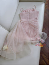 Pink Tulle Spaghetti Straps Pleats Prom Dress
