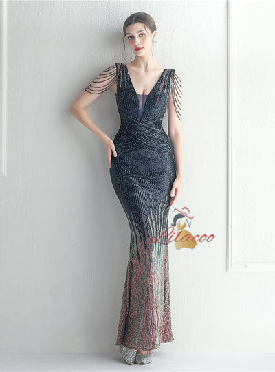 V-neck Sequins Beading Prom Dress