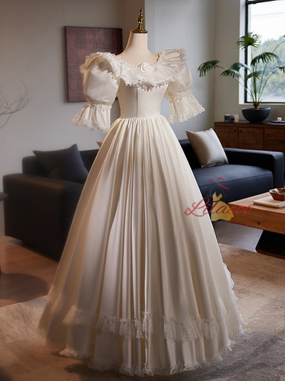 White Satin Lace Puff Sleeve Wedding Dress