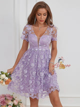Purple Lace Short Sleeve Party Dress
