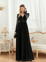 Black Tulle Lace Long Sleeve V-neck Prom Dress