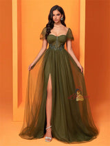 Tulle Green Slit Prom Dress