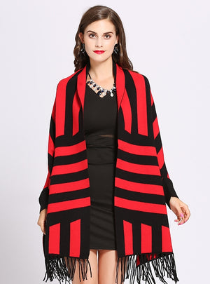 Bat Sleeve Striped Tassel Knitted Shawl Coat