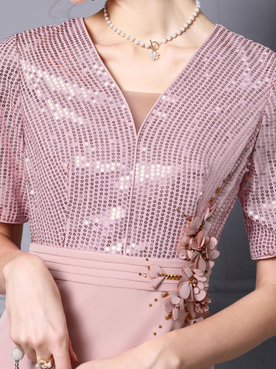 Pink Short Sleeve Sequins Flower Mother Of The Bride Dress