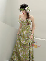 Green Print Spaghetti Straps Prom Dress