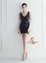V-neck Sequins Beading Short Prom Dress