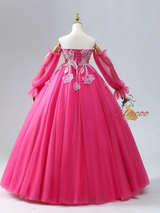 Fuchsia Long Sleeve Sequins Appliques Prom Dress