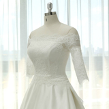 White Satin Lace Short Sleeve Wedding Dress