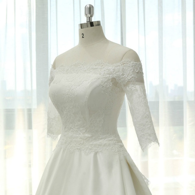White Satin Lace Short Sleeve Wedding Dress