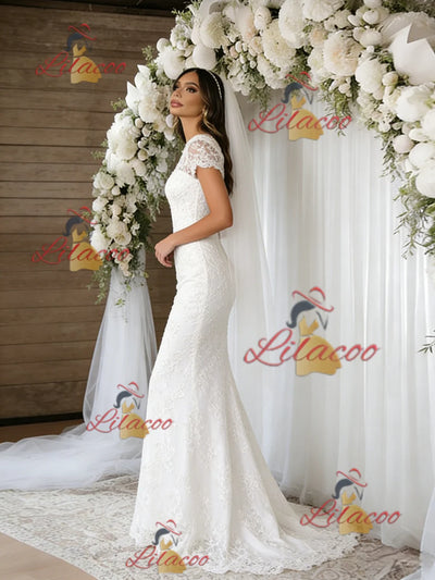 White Mermaid Lace Short Sleeve Wedding Dress