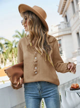 Button Wood Ear V-neck Sweater