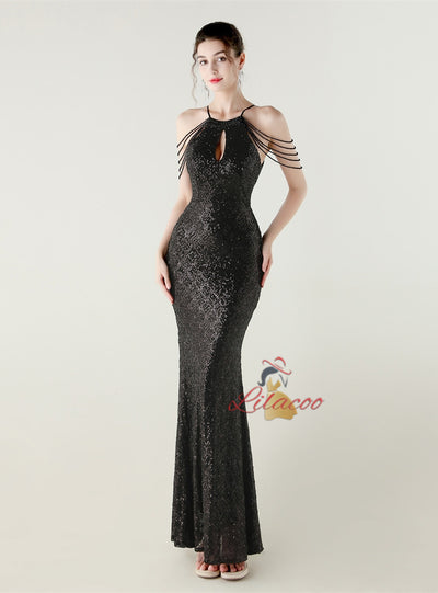 Mermaid Sequins Halter Beading Prom Dress