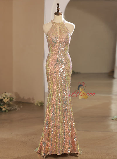 Gold Sequins Beading Backless Prom Dress