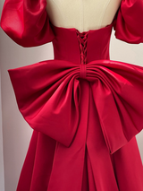 Burgundy Satin Puff Sleeve Prom Dress