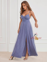 Purple Tulle Spaghetti Straps Split Party Dress