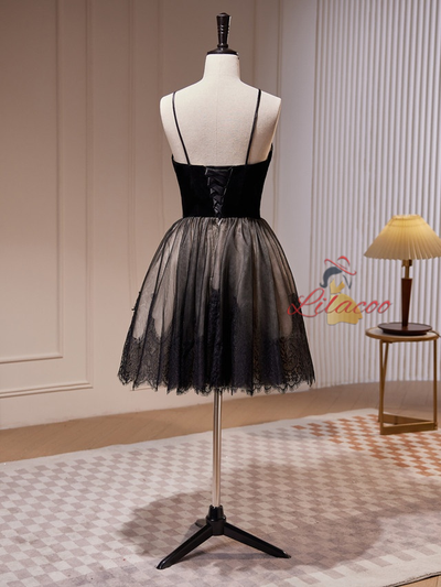 Black Tulle Lace Straps Homecoming Dress