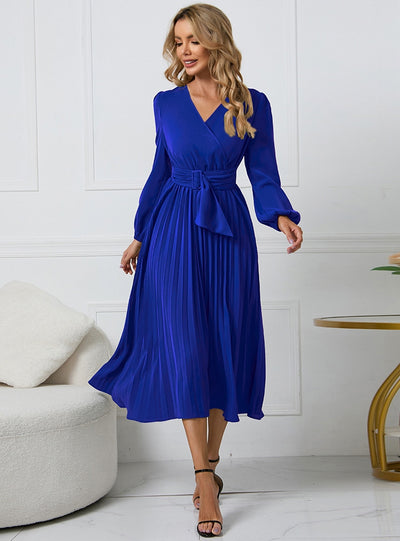 Long Sleeve Slim Pleated Belt V-neck Dress