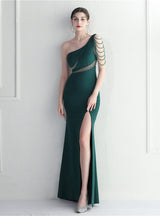 Green One Shoulder Beading Split Prom Dress
