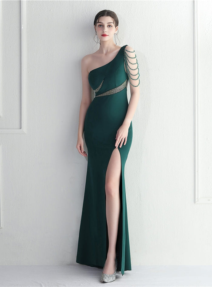 Green One Shoulder Beading Split Prom Dress