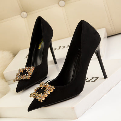 Pointed Rhinestone Square Buckle Suede Stilettos Shoes