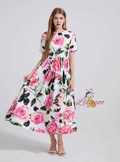 Printed Long Short-sleeved Dress