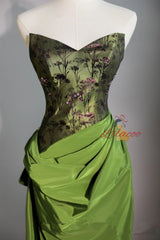 Green Print Strapless Pleats Prom Dress