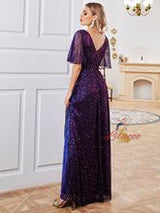 Purple Short Sleeve V-neck Prom Dress