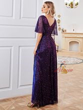 Purple Short Sleeve V-neck Prom Dress