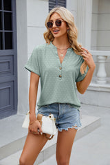 Solid Color V-neck Button Short Sleeve T-shirt