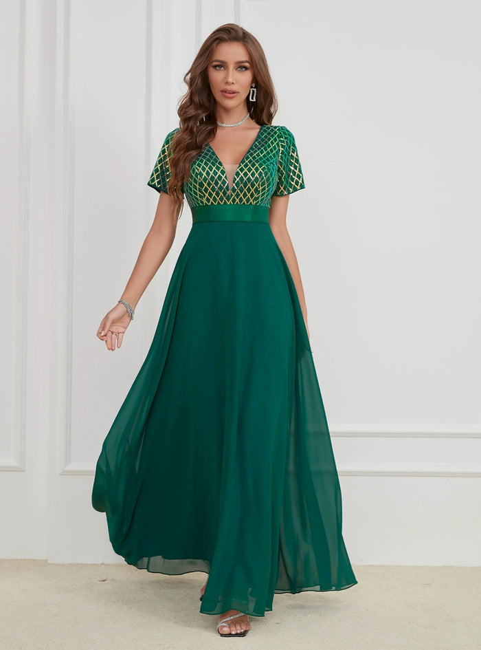 Green Chiffon Sequins V-neck Short Sleeve Prom Dress