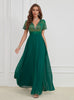 Green Chiffon Sequins V-neck Short Sleeve Prom Dress