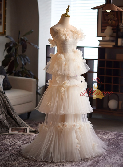 Champagne Tulle 3D Flower Wedding Dress
