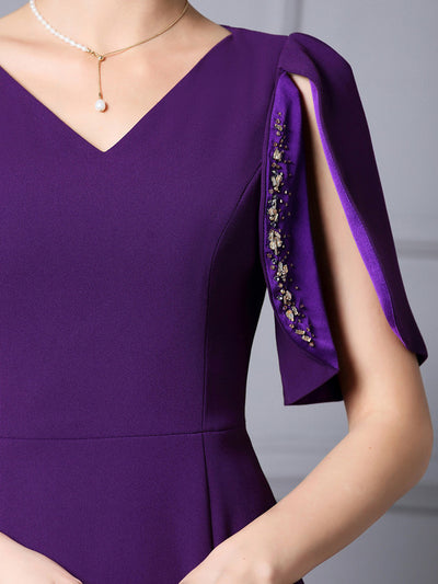 Purple Short Sleeve Beading Mother Of The Bride Dress