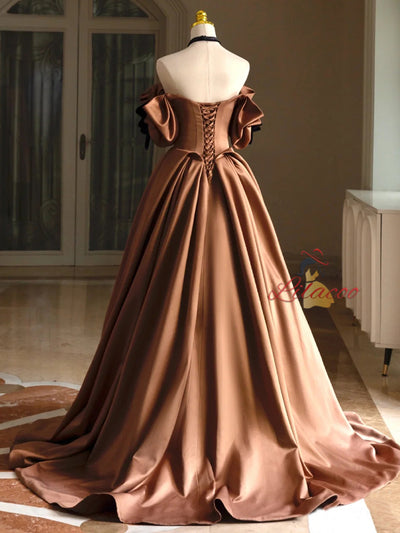 Brown Satin Off the Shoulder Pleats Prom Dress