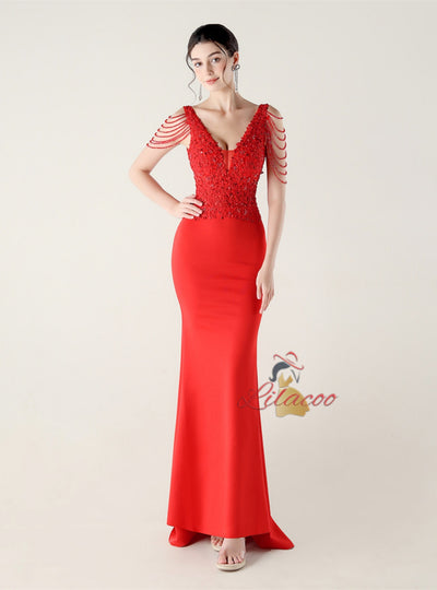 Mermaid V-neck Appliques Beading Prom Dress
